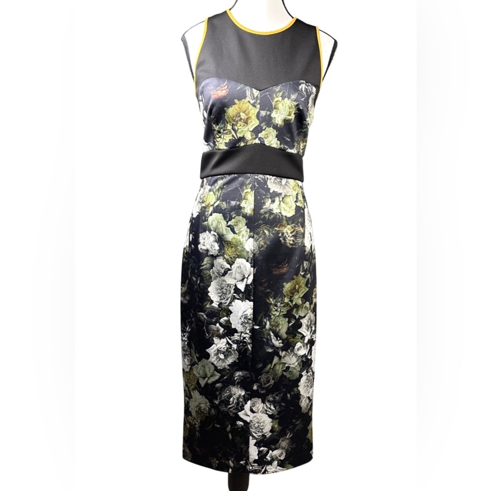 ABS by Allen Schwartz Floral Midi Dress Sz M Black Green Cocktail Bodycon NWT